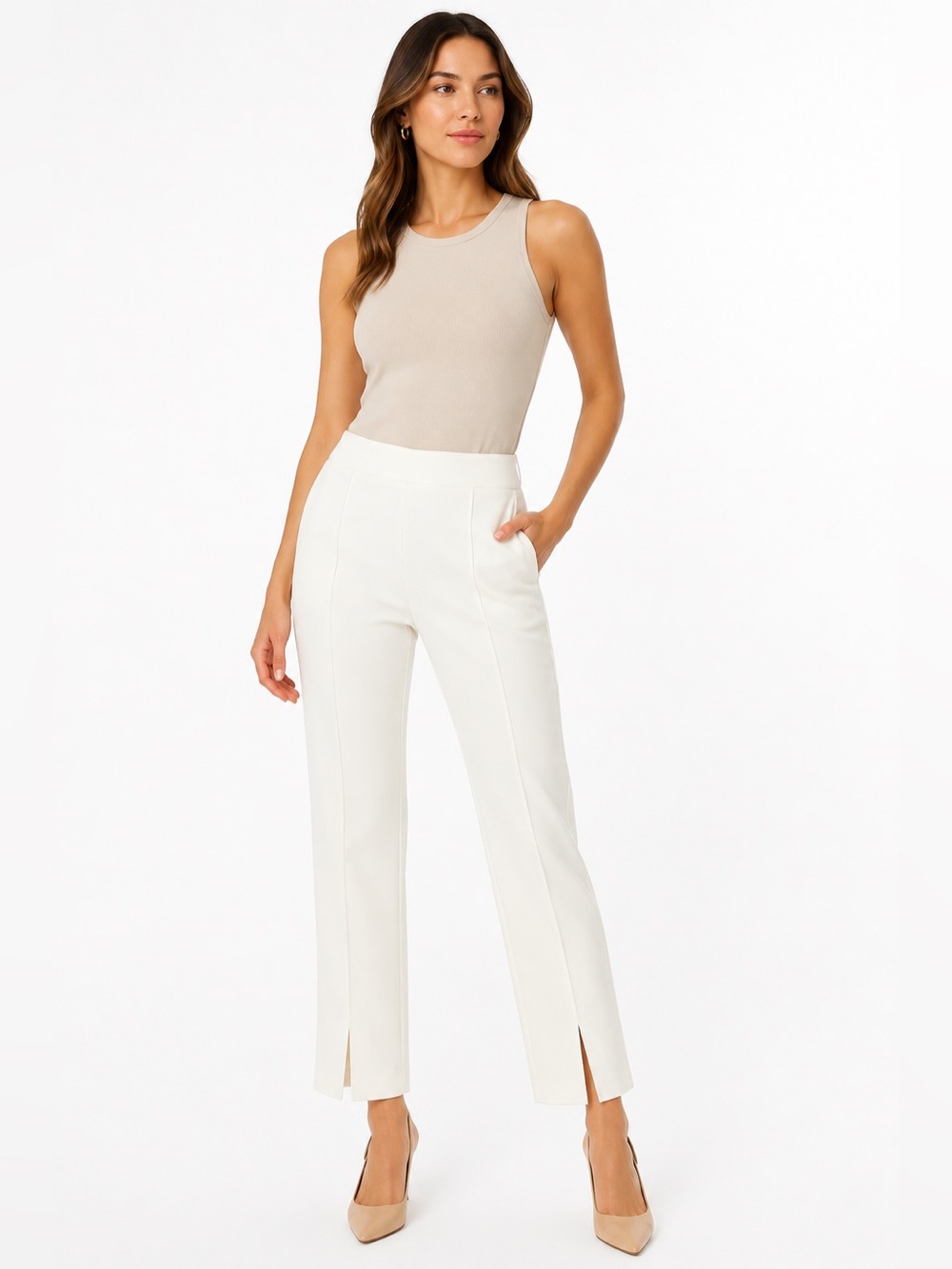 Carbon38 White Pintuck Split Hem Pull On Stretch Pants Size M